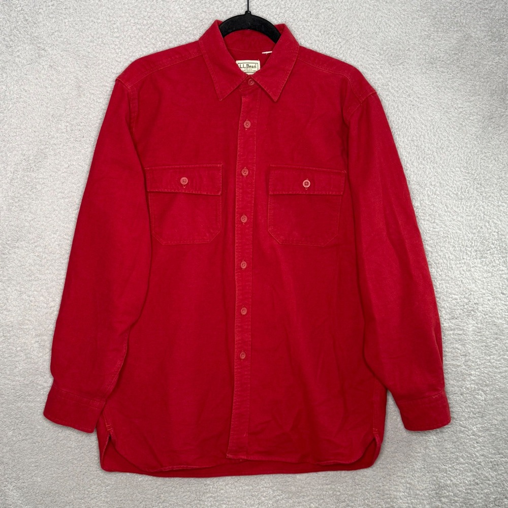 LL Bean Mens Red Chamois Cloth Long Sleeve Button Down Shirt Solid Heavy Cotton